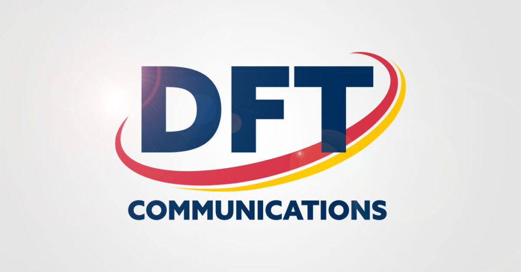 The DFT Communications logo on a grey background, with a small lens flare coming off the corner of the letter D.